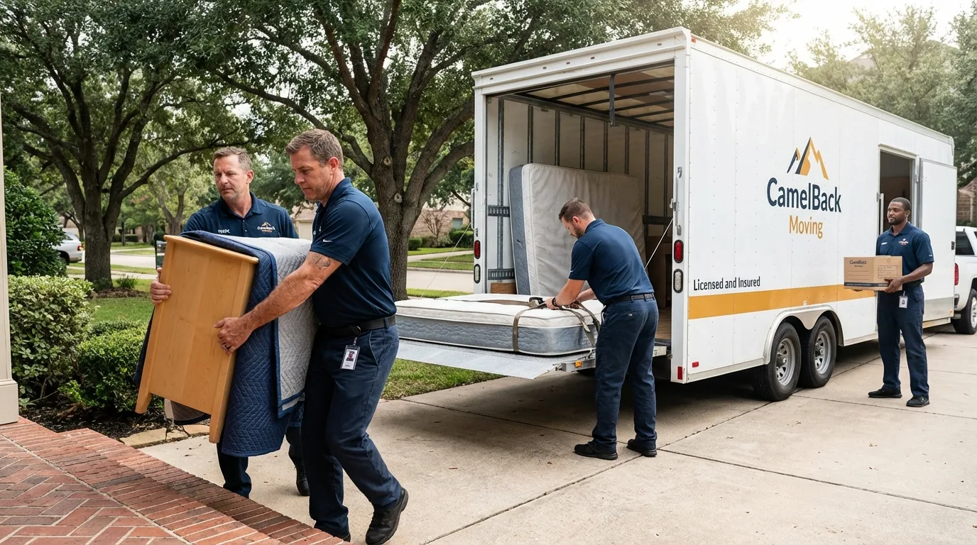 Crew loading residential truck for cross-state move from Santa Fe, TX