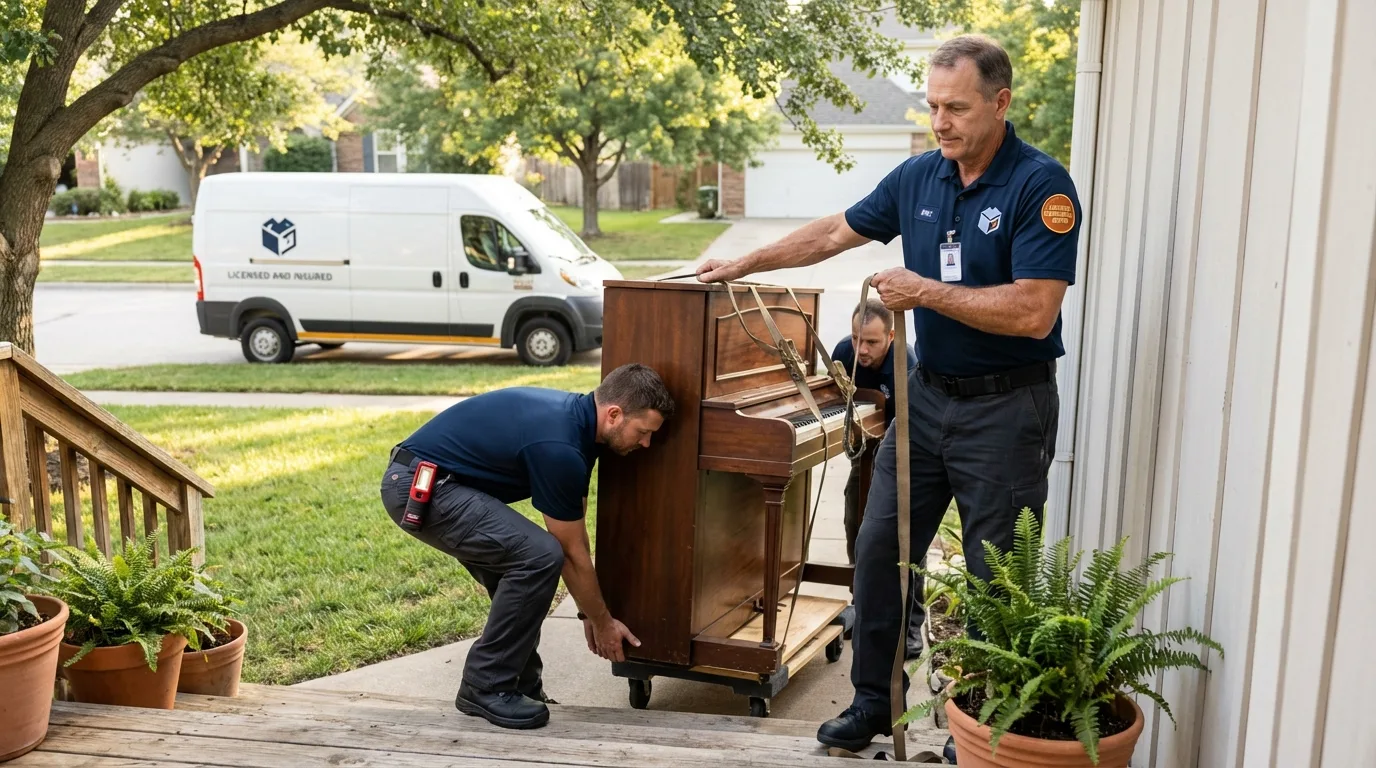 Licensed piano movers securing grand piano in Santa Fe, TX