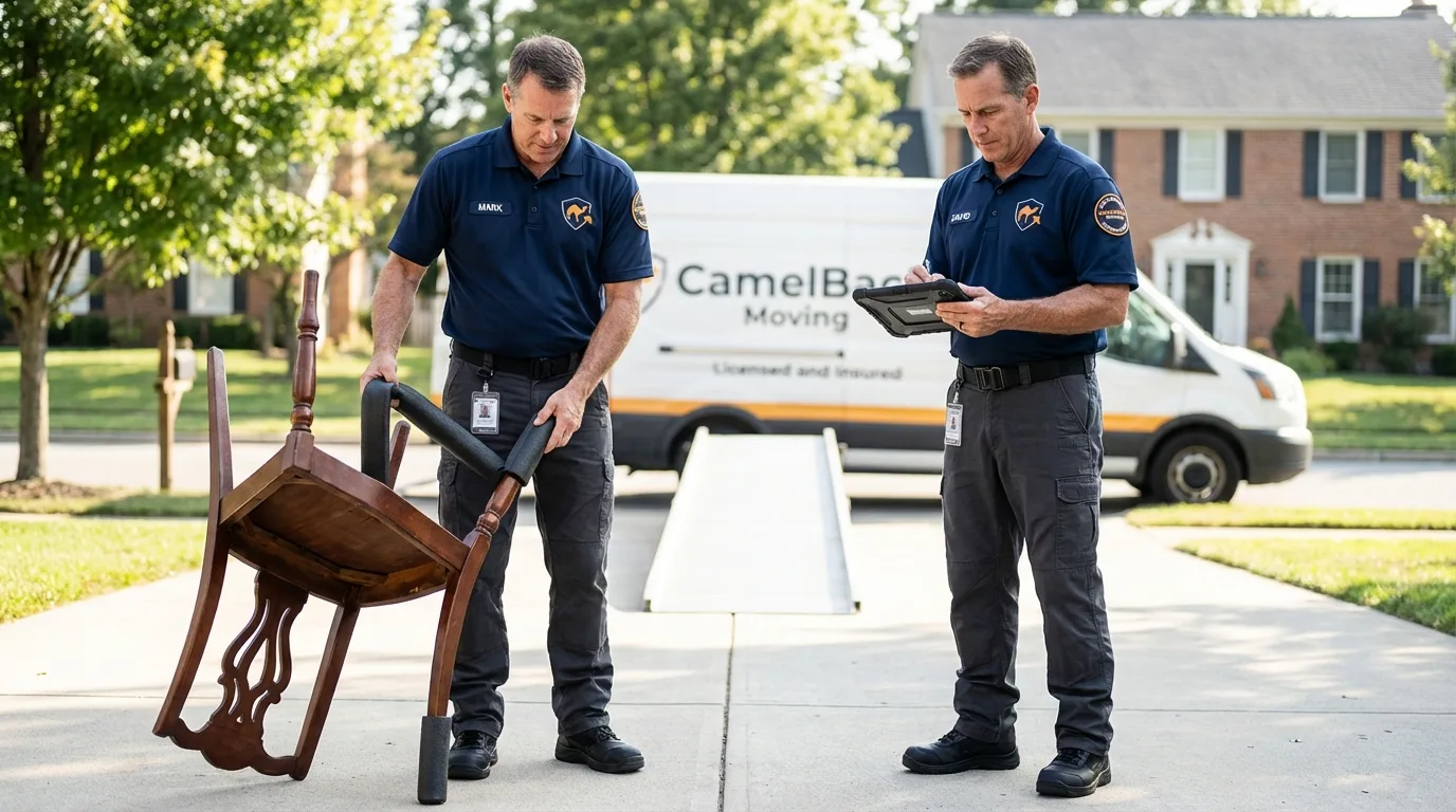 Movers inspecting furniture for damage prevention before loading in Santa Fe, TX