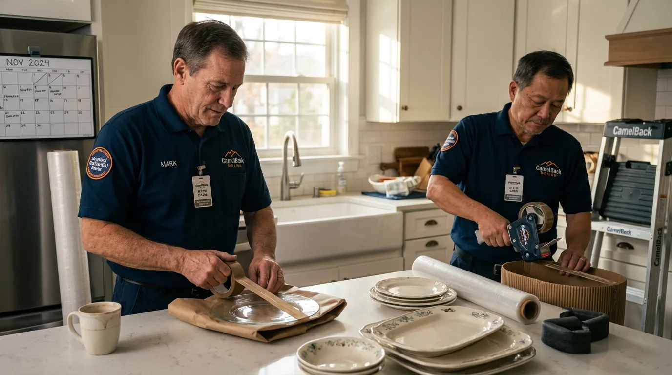 Professional crew packing kitchen dishware in Santa Fe, TX